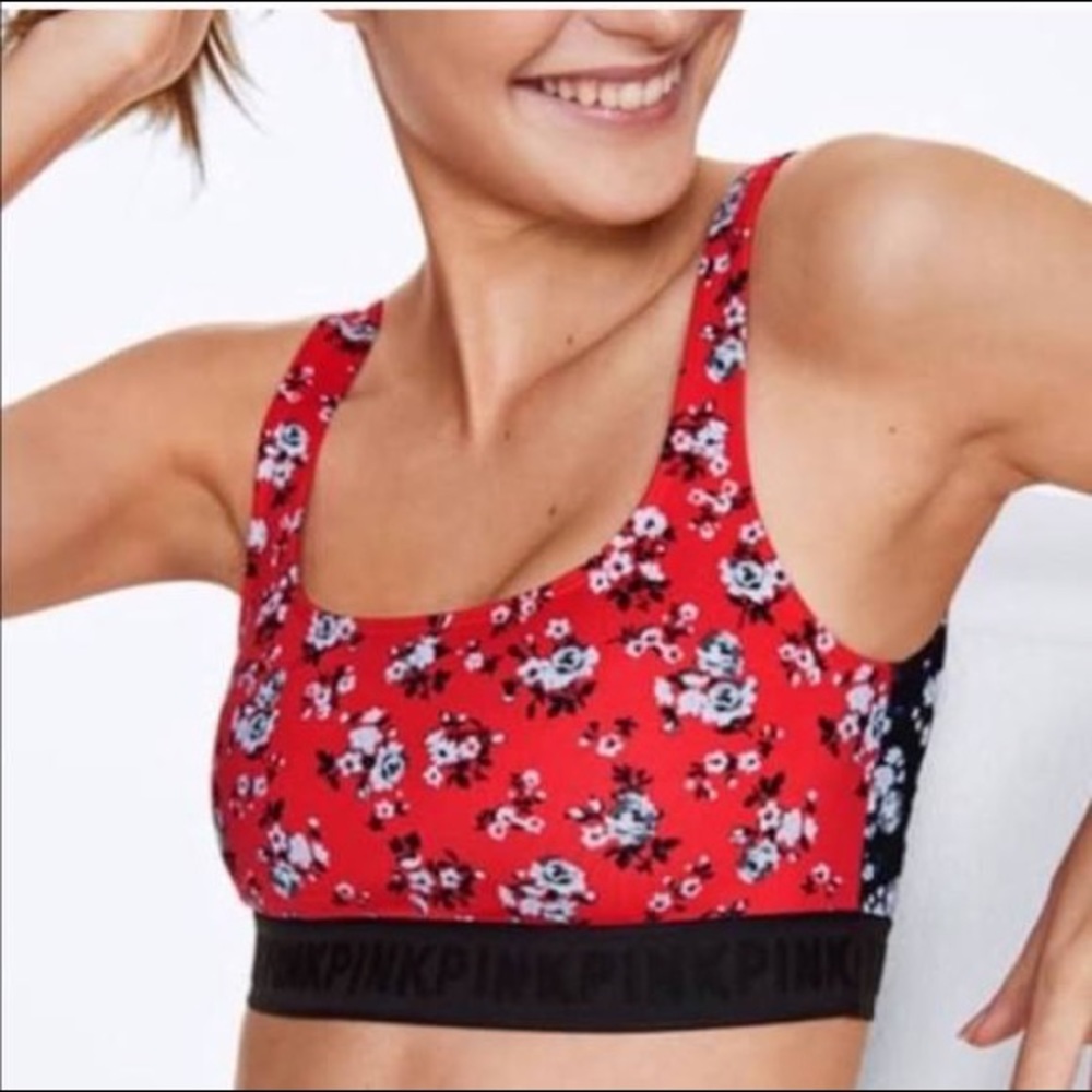 PINK Victorias Secret Red Black  Floral Sport Bra